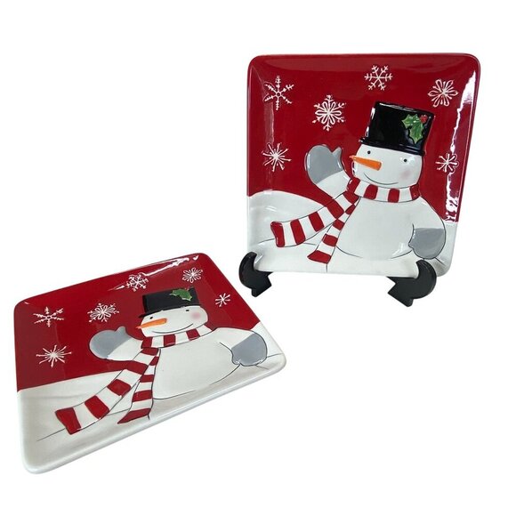 St. Nicholas Square Snowman Appetizer Plates Set Of 2 Red & White Ceramic - Picture 7 of 7